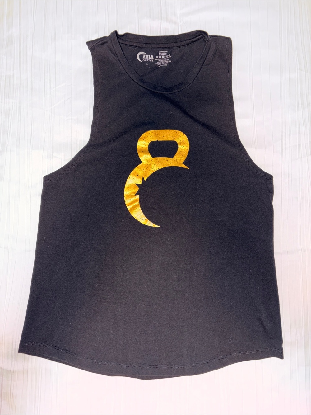 ZYIA Black Tank Top with Metallic Gold Kettlebell Graphic